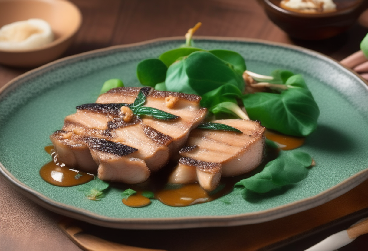 A rustic American plate with tender pork, spinach, subtle stars and stripes motifs, sauce and almonds