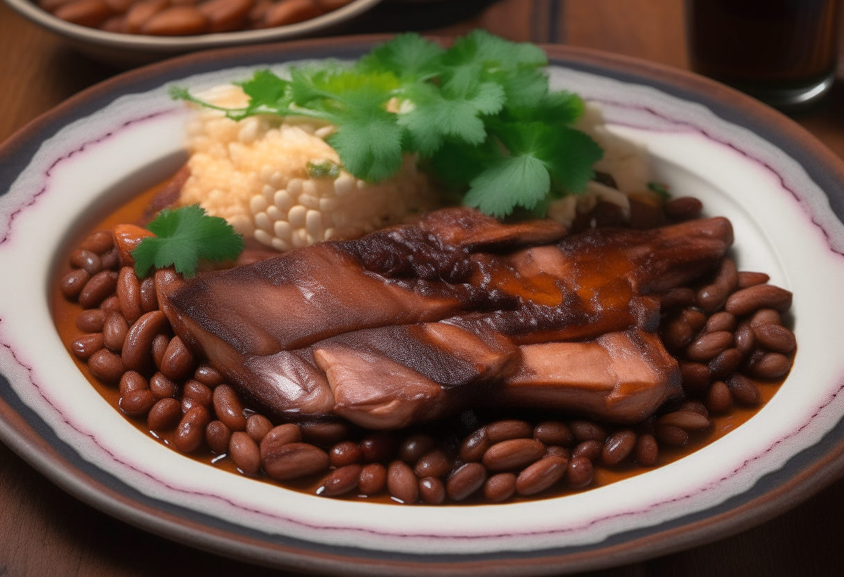 A rustic American plate with tender barbecue pork and an array of beans, subtle stars and stripes motifs, cilantro garnish