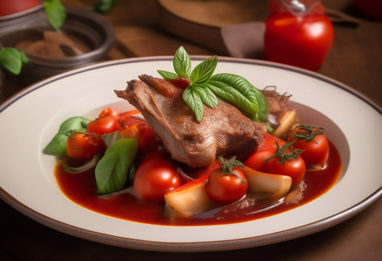 A rustic American plate with slow cooked pork in tomato basil sauce, vegetables, subtle flag motifs