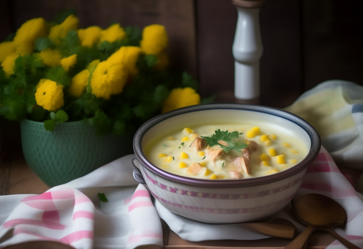 Creamy lamb and corn chowder served in a bowl with cilantro garnish on a table with red-checkered napkins and farmhouse backdrop