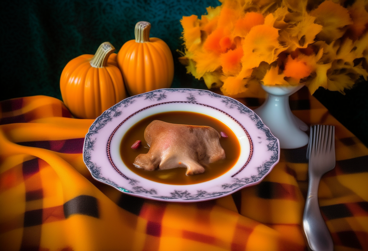 Crockpot lamb and butternut squash soup elegantly plated with autumn leaves, pumpkins, checkered tablecloth backdrop