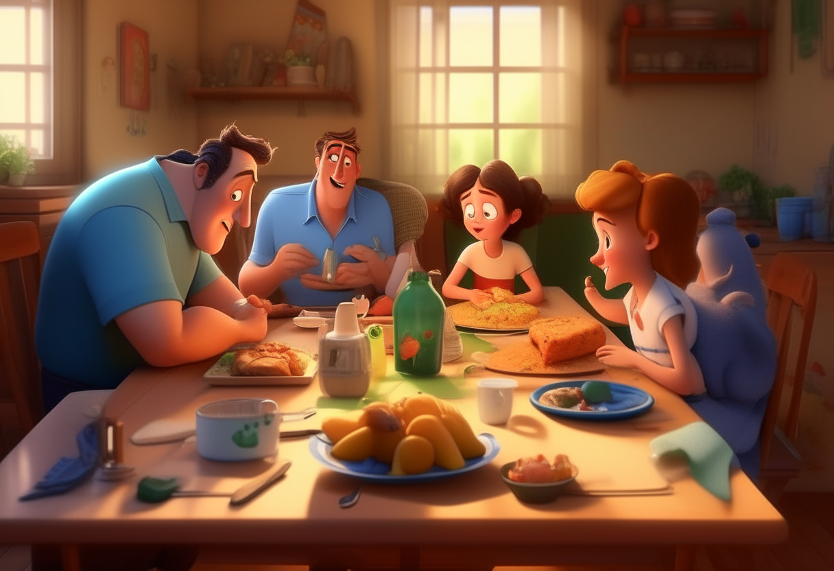 Disney Pixar family eating Lunch on the dining table