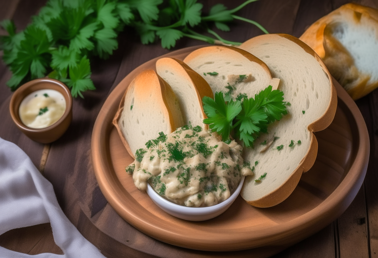 Crockpot lamb and artichoke dip arranged on a plate with toasted bread, rustic wood backdrop and parsley garnish