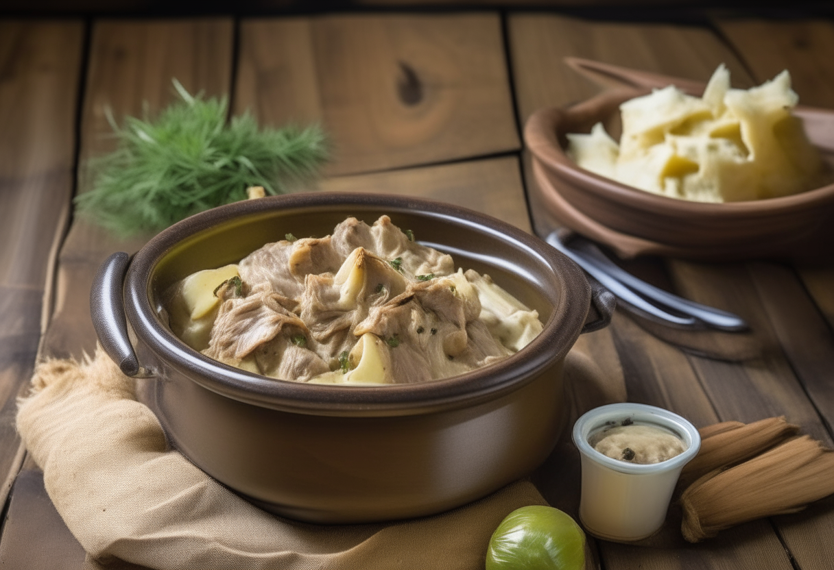 Crockpot lamb chunks and artichoke dip served in a bowl, rustic wood table backdrop