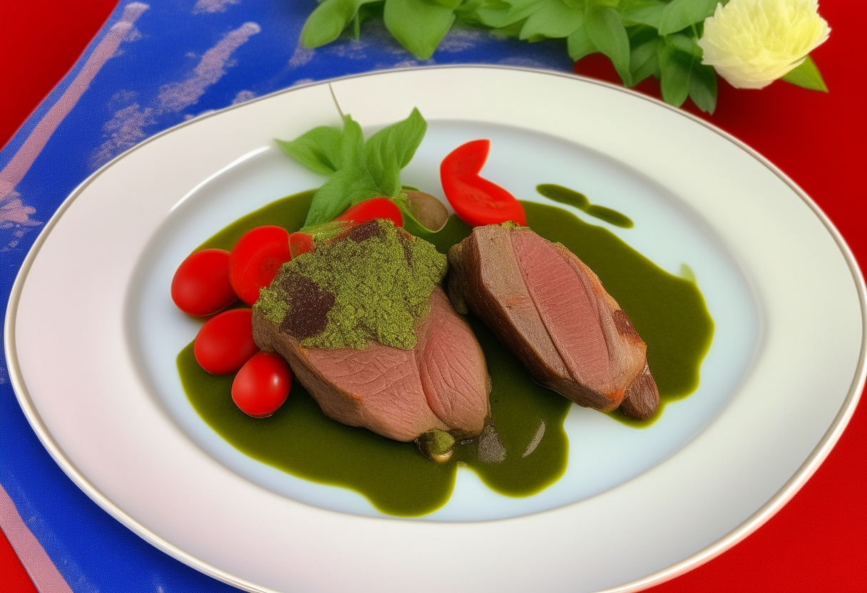 A white porcelain plate with pesto lamb, vegetables and basil, red white blue backdrop