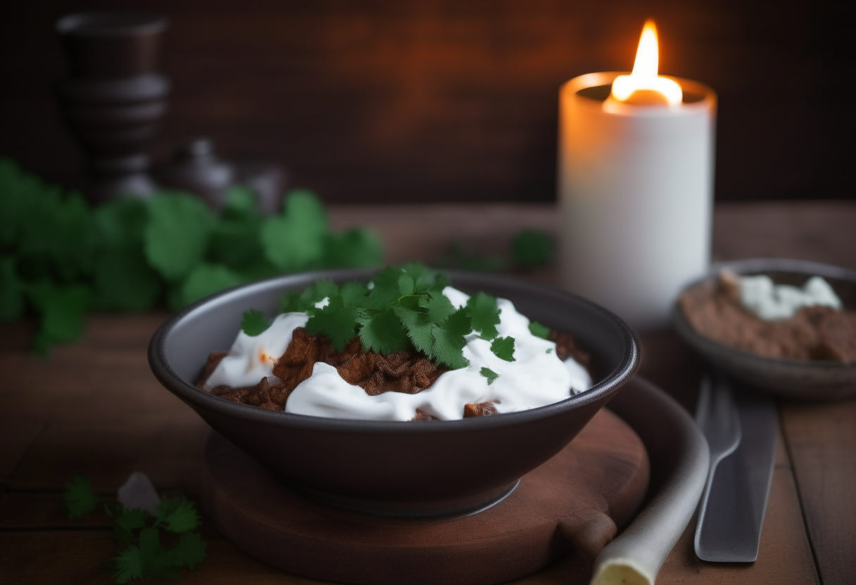 A white porcelain plate with lamb chipotle chili, sour cream, cilantro on rustic wood table with candlelight