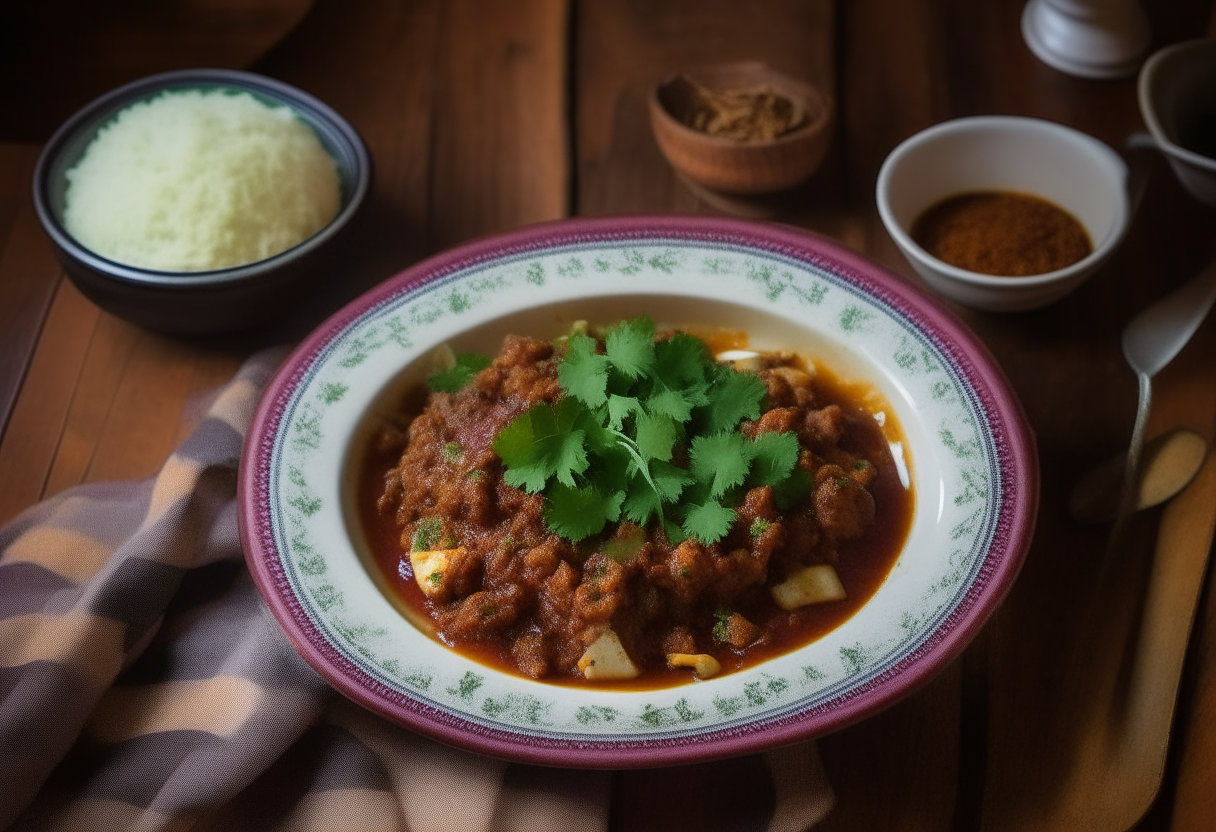 A porcelain plate with lamb chipotle chili, cilantro, cornbread, on a wooden table with Southwestern textiles