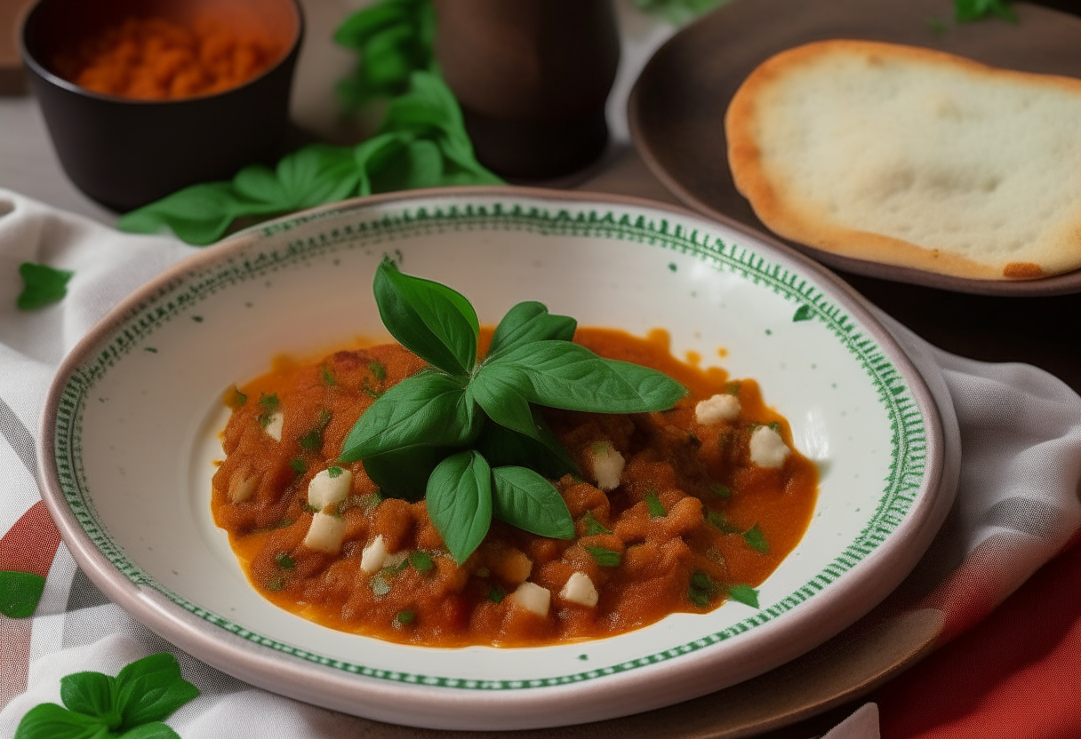 A ceramic plate with lamb chili, basil, ricotta and cornbread on a checked tablecloth