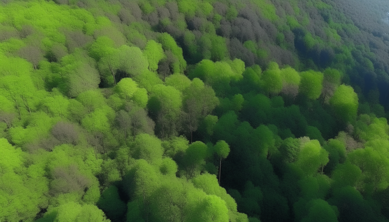 aerial view of a densely forested hillside with tall green trees and thick underbrush