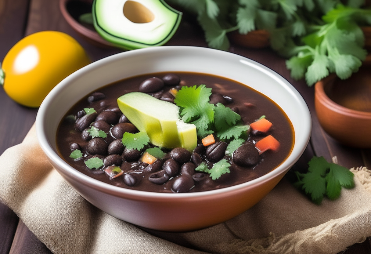 A bowl of black bean soup, cilantro, avocado on a wooden table with Southwestern placemats