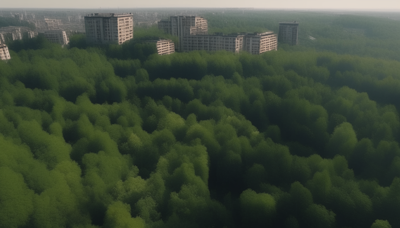 aerial cinematic view of a city with buildings and houses replaced by dense green woods and thick vegetation