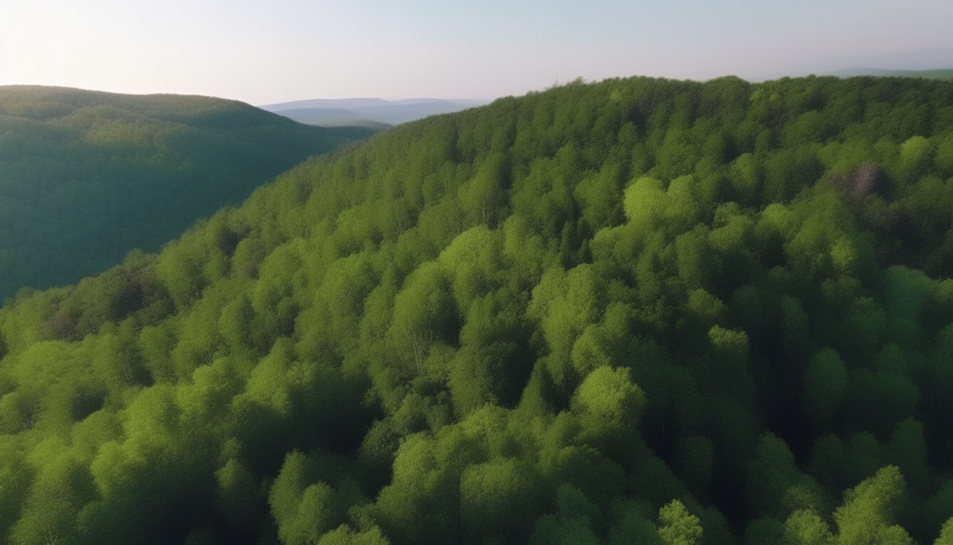 aerial cinematic view of a forested hillside with tall green trees replacing a cityscape