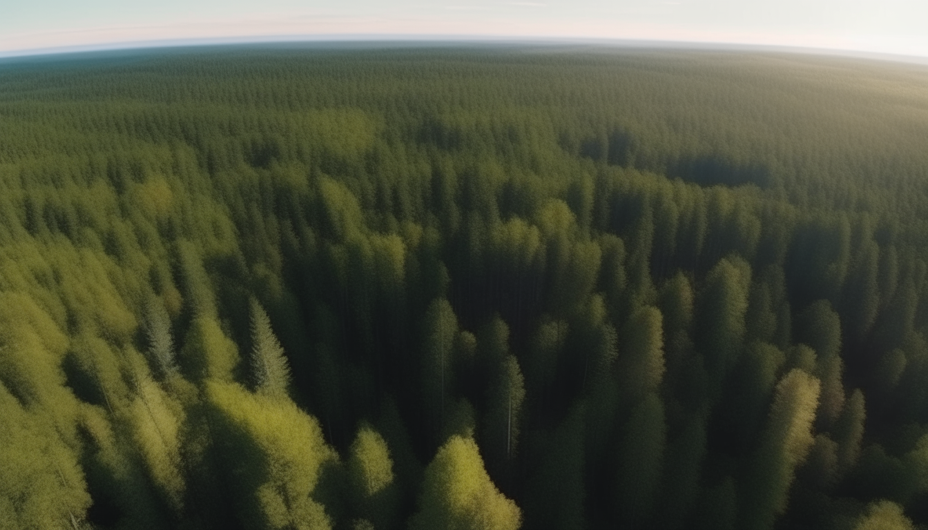 aerial cinematic view from high above showing a vast forest with tall trees that replace a city