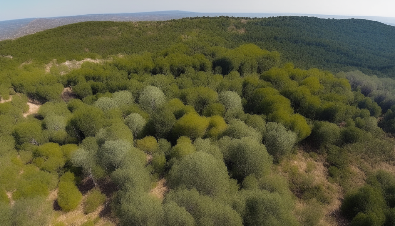 aerial view overlooking mediterranean forest on a hillside with cypress, olive, oak trees, no buildings