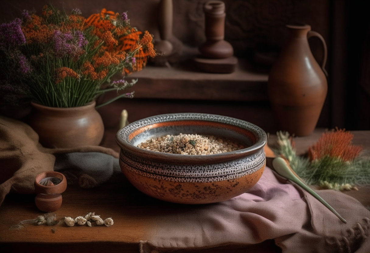 A Native American pottery bowl with lamb wild rice stew, surrounded by indigenous flowers on a vintage style table