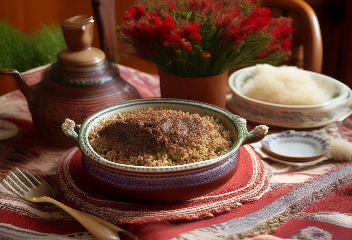 An exquisite Crockpot Lamb and Wild Rice Delight in a traditional Native American pottery bowl, surrounded by indigenous wildflowers, red-and-white checkered table linens, and vintage silverware