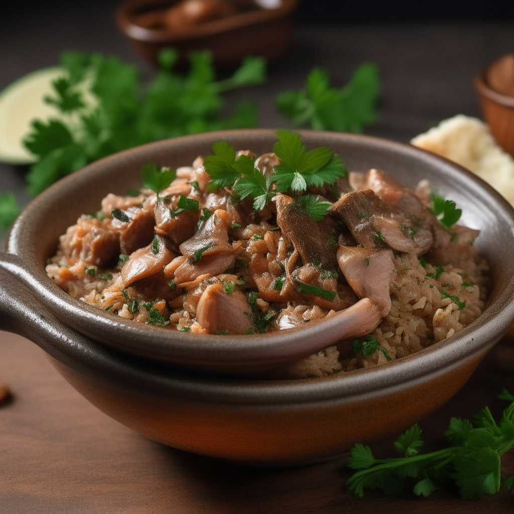 A brown ceramic bowl filled with tender lamb chunks and wild rice, steaming hot, garnished with parsley