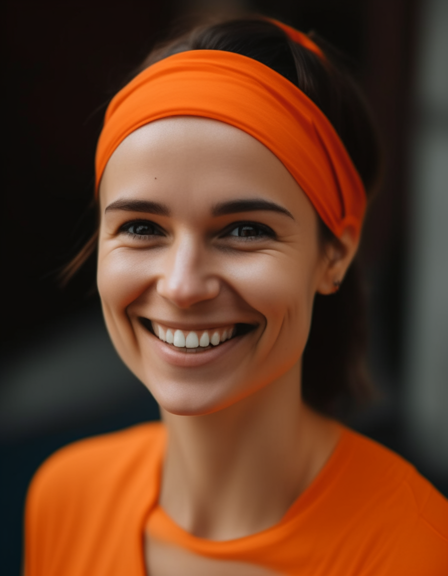 a smiling woman wearing an orange top and a headband, high definition 4K portrait