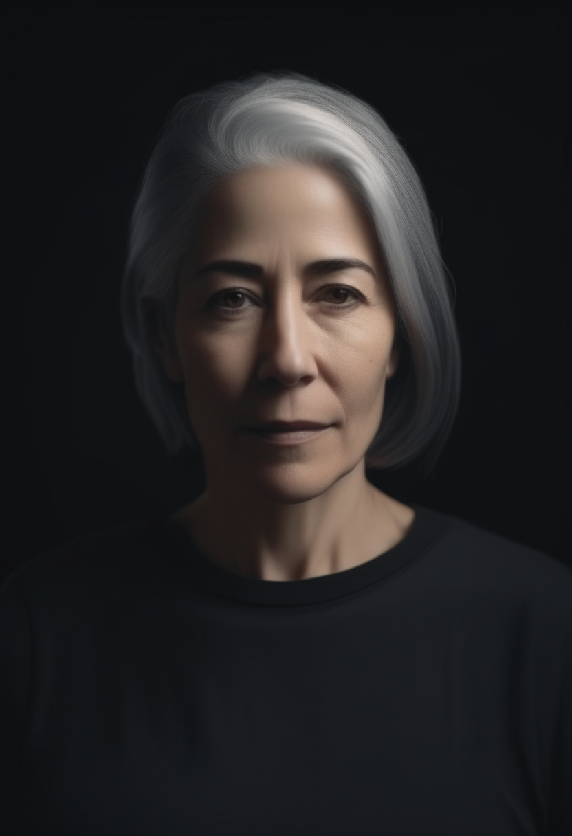 a woman with grey hair and a black shirt, high definition 4K portrait