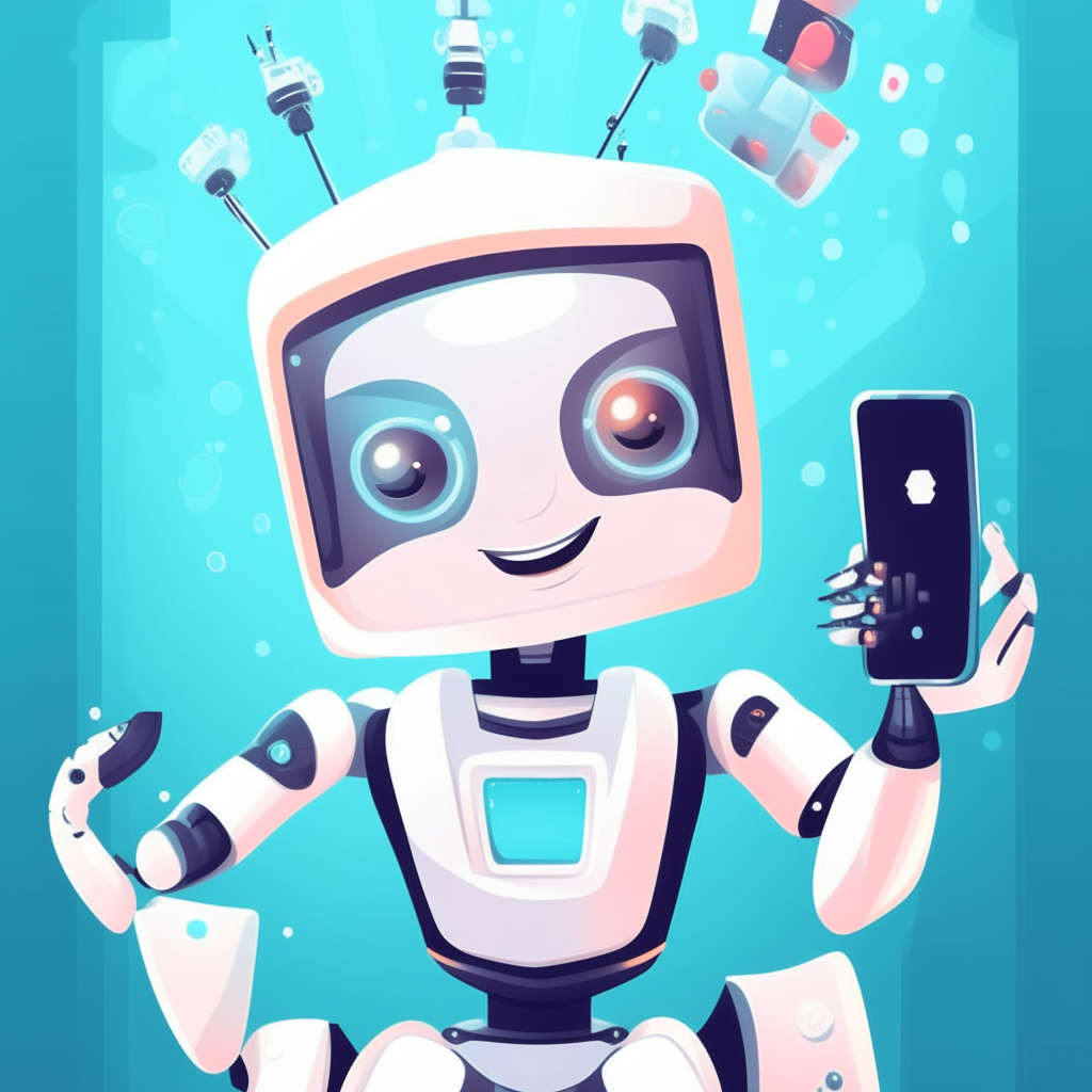 a robotic maid taking a selfie, cartoon style, big smile, hearts for eyes, sparkling smartphone