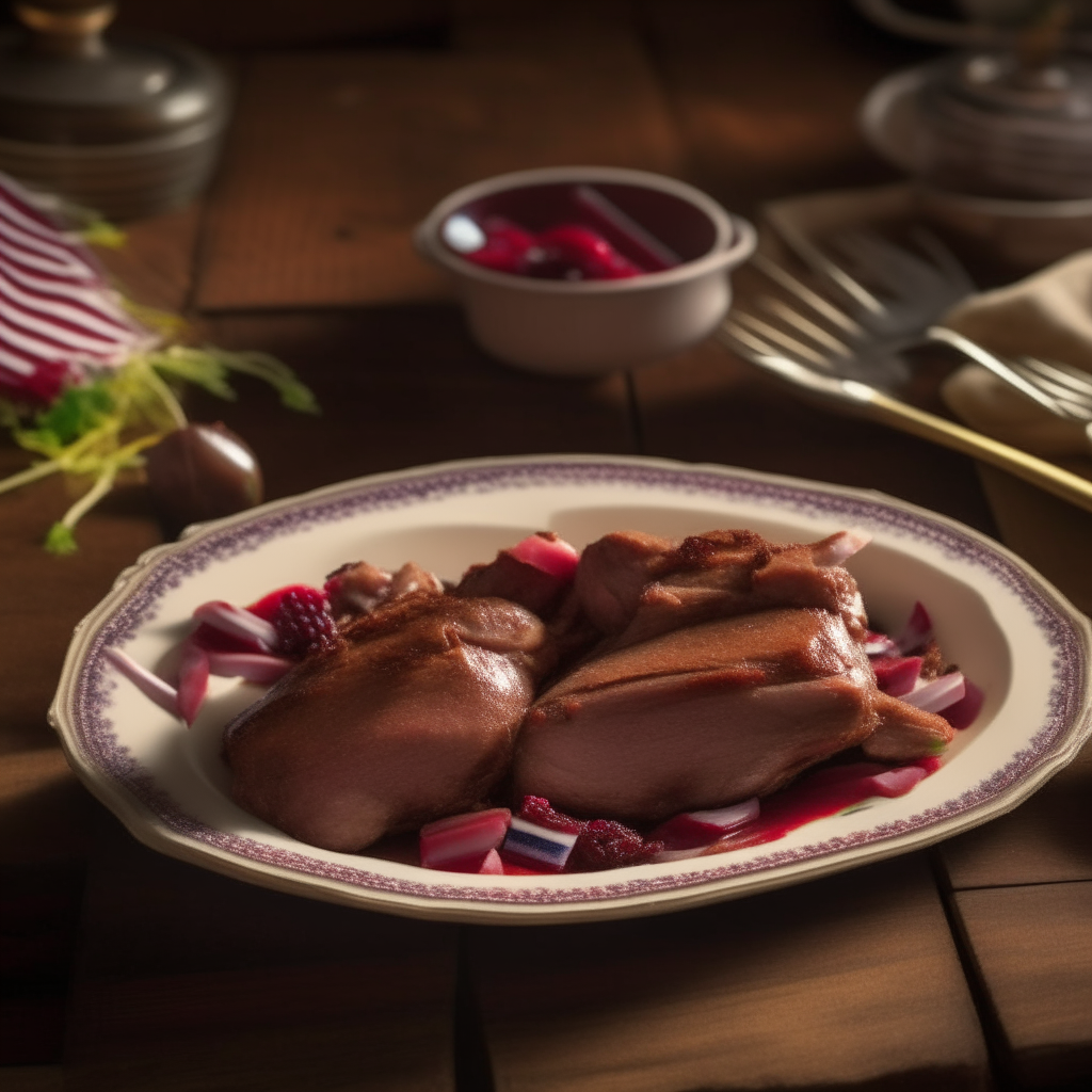 An exquisite plate of slow-cooked lamb and cranberry chutney surrounded by miniature American flags, against a wooden background in golden light