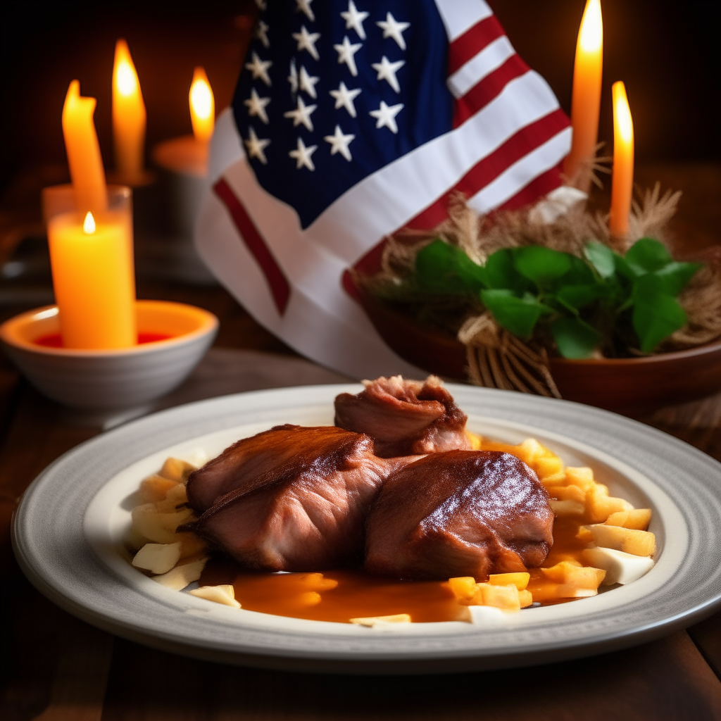 A white porcelain plate with succulent slow cooked lamb and mint jelly glaze, resting on mashed sweet potatoes, surrounded by mini American flags and wood accents in candlelight