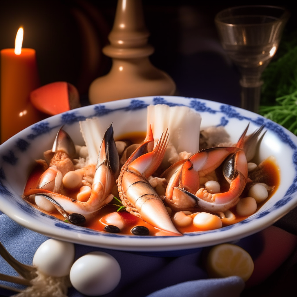 A white porcelain plate with seafood cioppino, shrimp, fish and mussels in broth, surrounded by mini sailboats, seashells and nautical tablecloth in candlelight