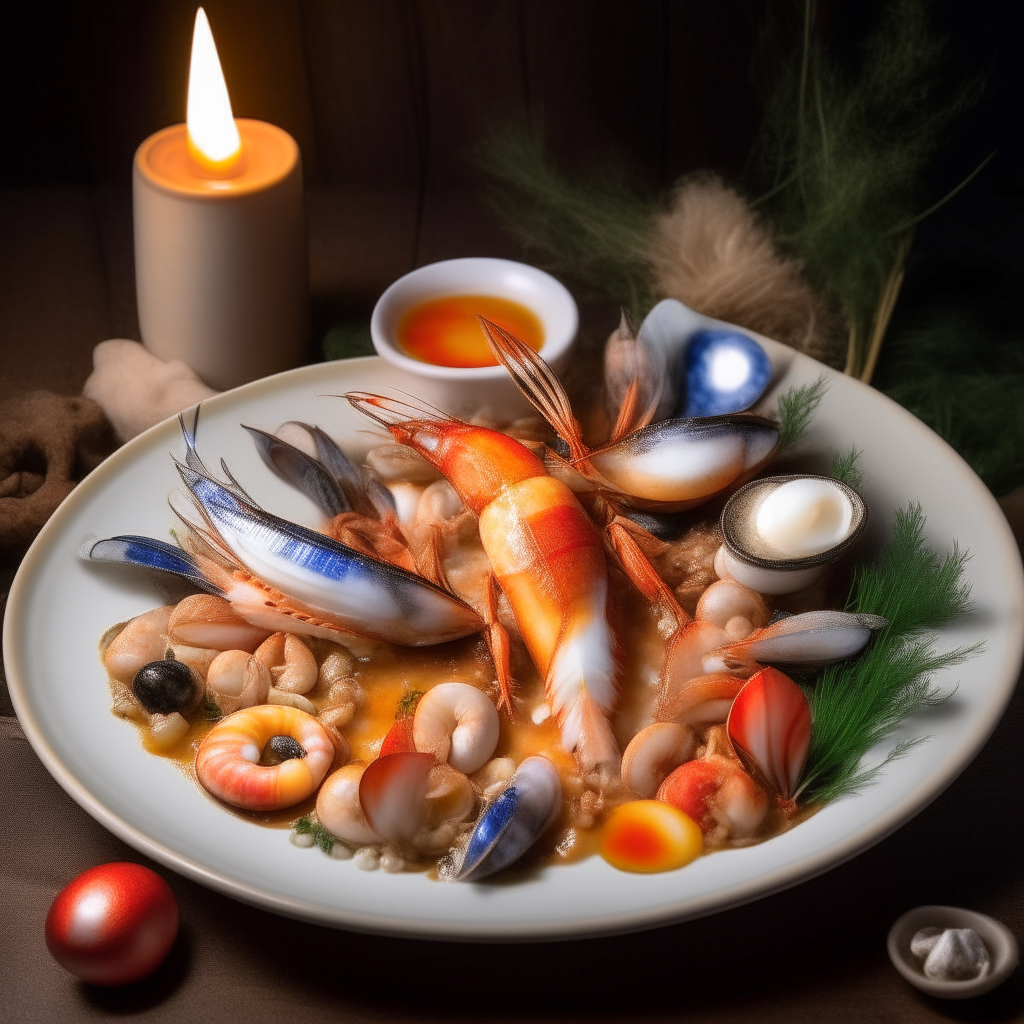 A white porcelain plate with shrimp, fish, mussels in a tomato broth, surrounded by seashells and nautical decorations, candlelit