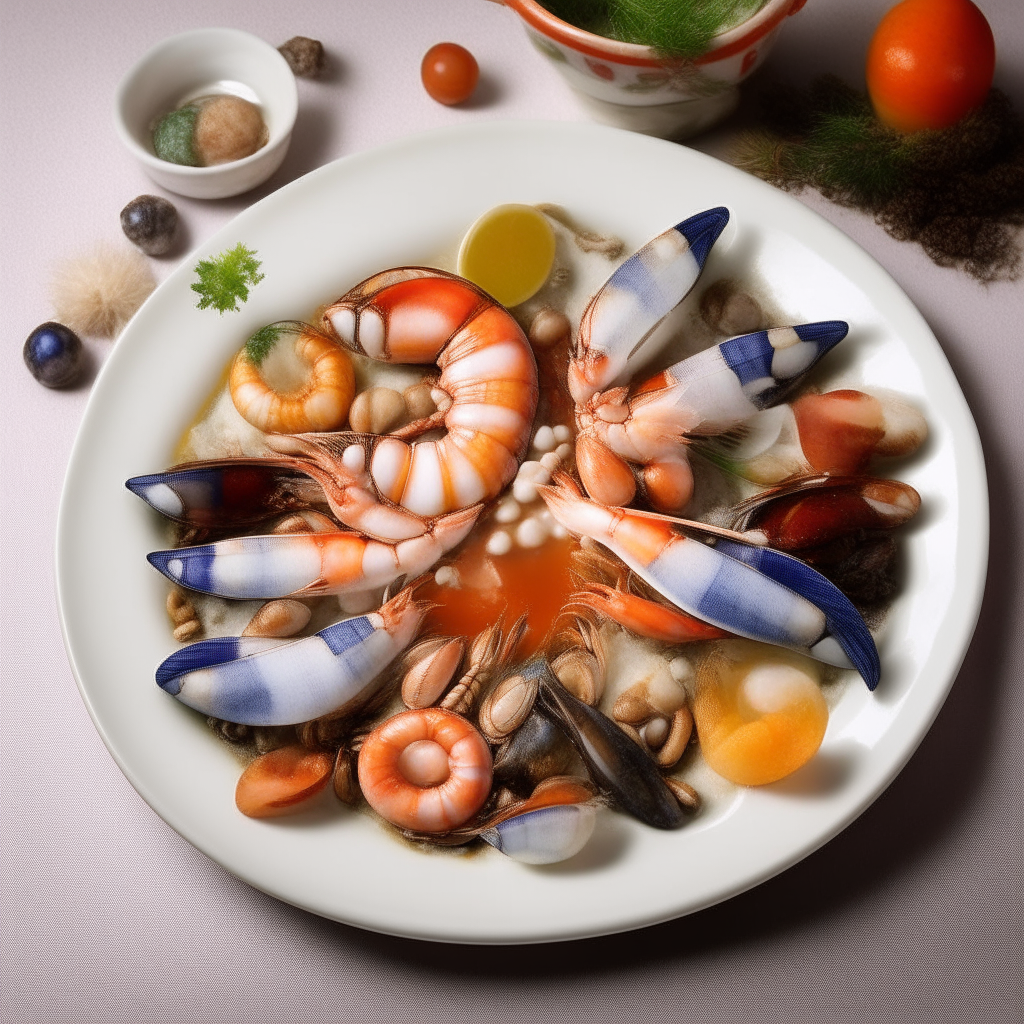 A white porcelain plate with shrimp, fish, mussels in a tomato broth, surrounded by seashells and nautical decorations, photograph