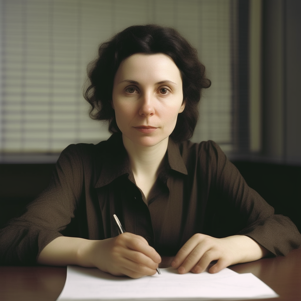 A portrait of the woman from image 1 with darker hair, thinner lips and brown eyes, sitting at a desk with a pen and paper