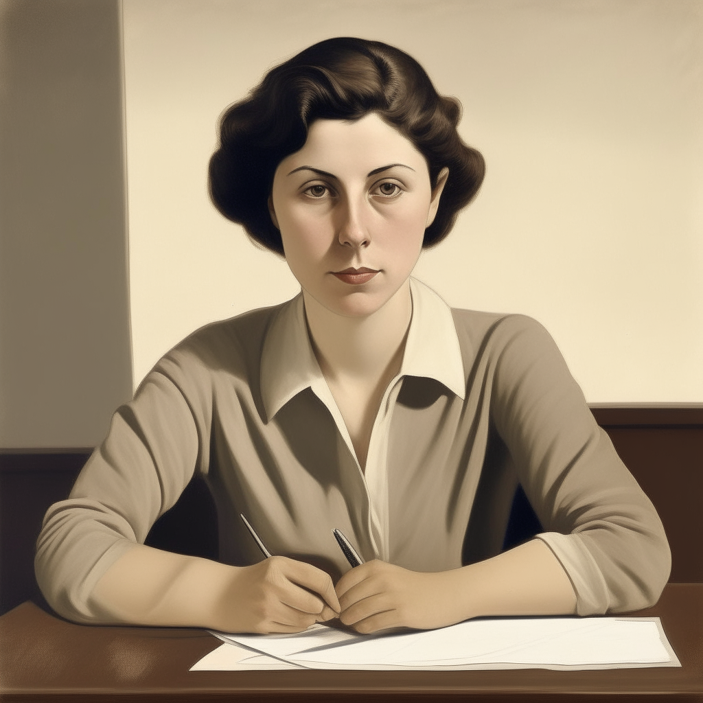 Another portrait of the woman from image 1 with darker hair, thinner lips and brown eyes, sitting at a desk with a pen and paper in a different pose or expression