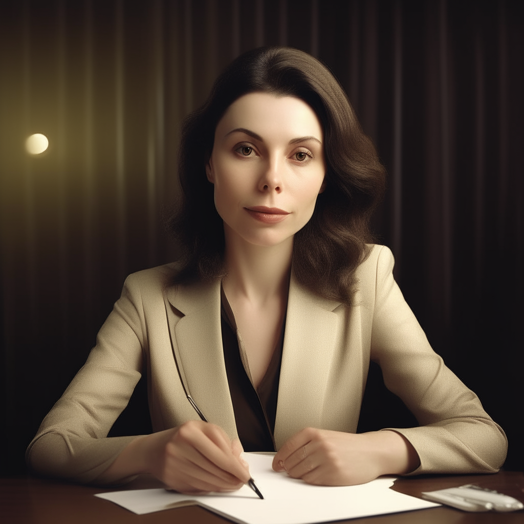 A portrait of the woman from image 1 with darker hair, brown eyes and slightly thinner lips, sitting at a desk with a pen and paper