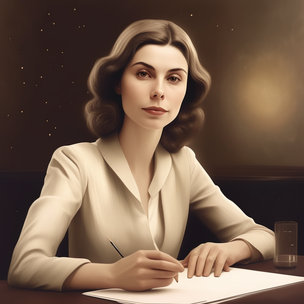 Another portrait of the woman from image 1 with darker hair, brown eyes and slightly thinner lips, sitting at a desk with a pen and paper