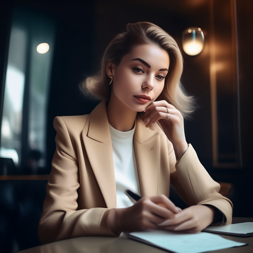 Another portrait of the woman from image 1 sitting at a café, wearing modern styles and using a smartphone