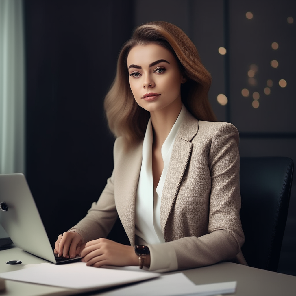 A portrait of the woman from image 1 sitting at a desk in a modern office, wearing contemporary clothing and using a laptop