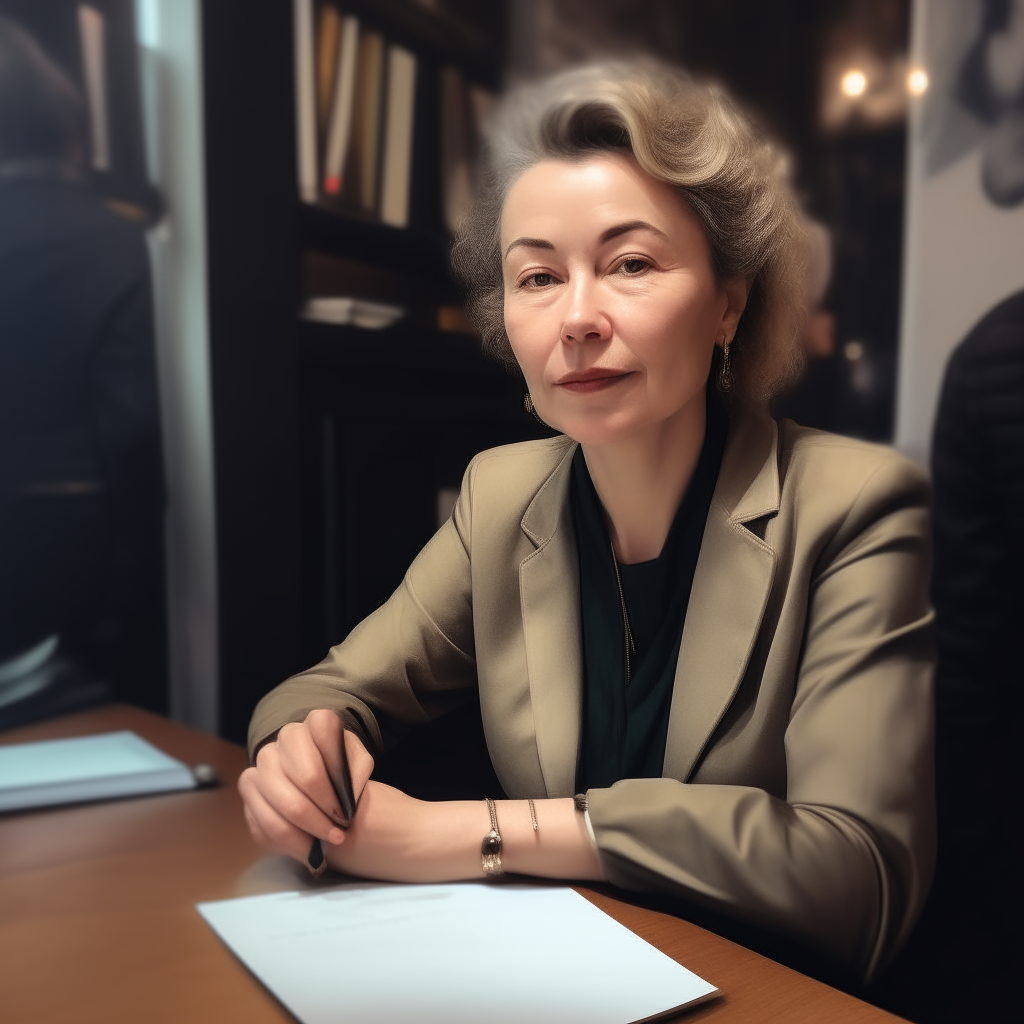 A portrait of the woman from image 6 sitting at a desk, signing copies of her book for fans