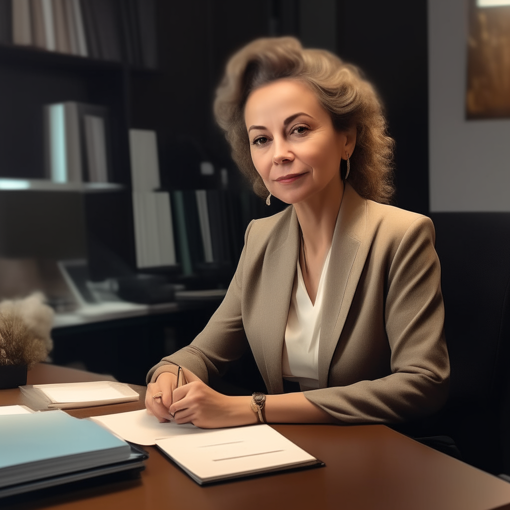 A portrait of the woman from image 10 sitting at her desk, signing a book for fans