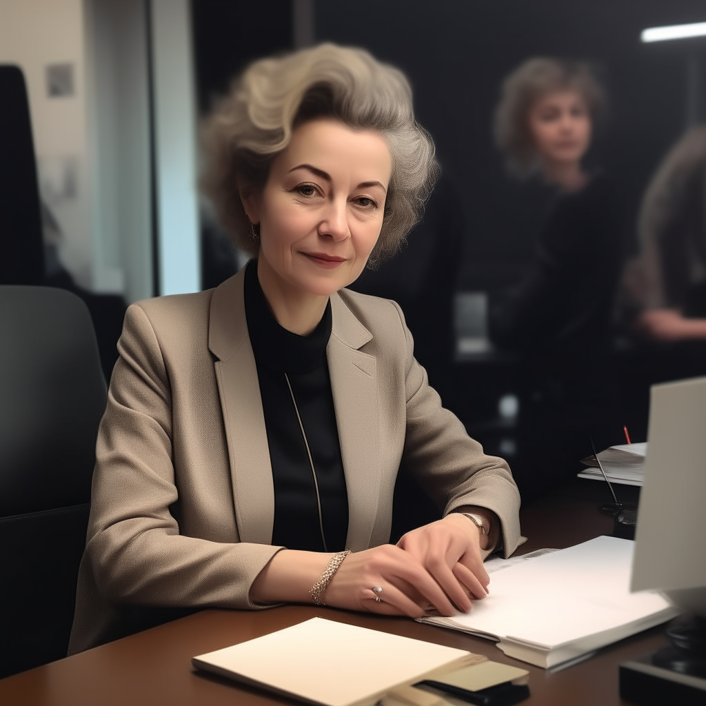 Another portrait of the woman from image 10 at her desk, greeting fans as she signs copies of her novel