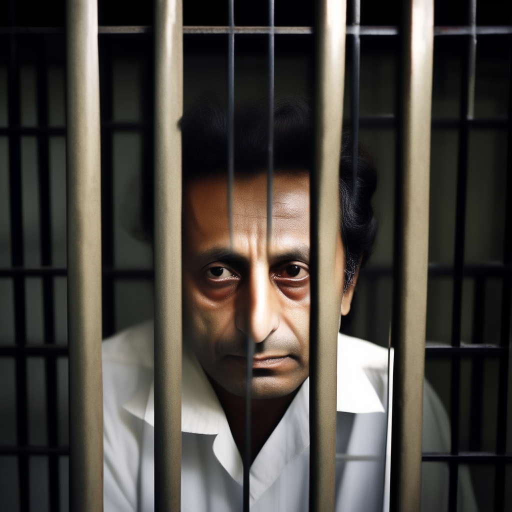 portrait of Imran Khan behind prison bars, looking depressed