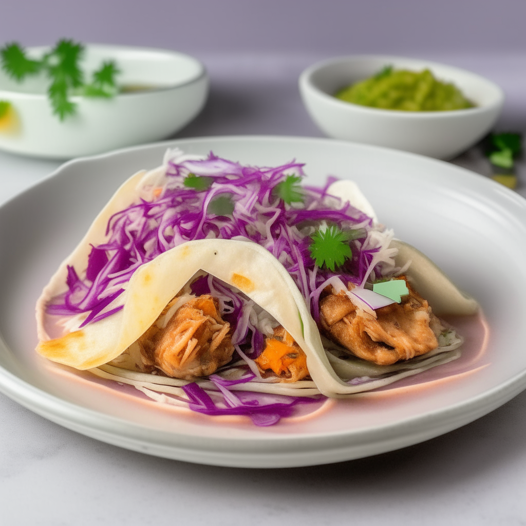 Crockpot fish tacos on a white porcelain plate, soft tortillas cradling flaky white fish, topped with crisp bright cabbage slaw and salsa, photorealistic