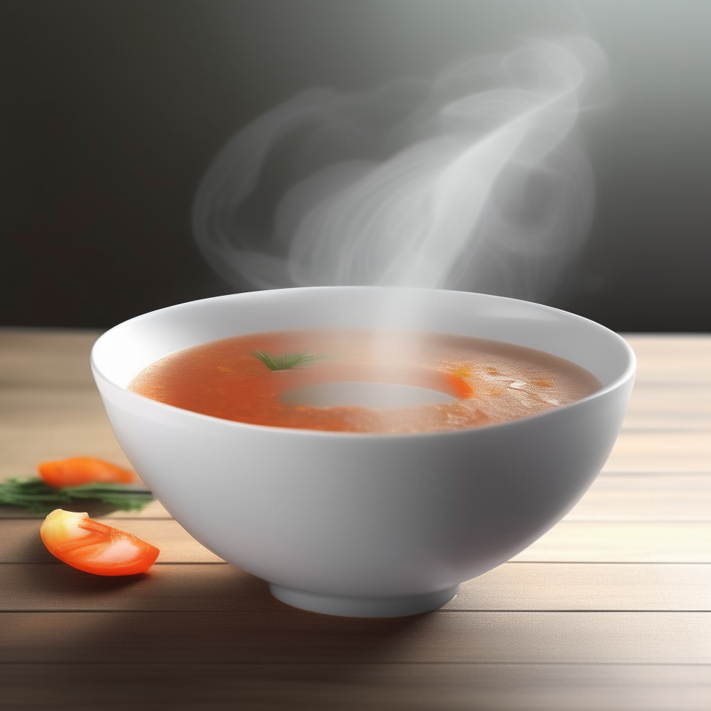 Crockpot shrimp and tomato bisque soup in a white bowl on a wooden table, steam rising, photorealistic