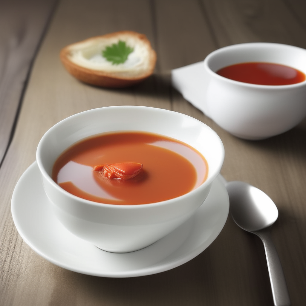 Crockpot shrimp and tomato bisque soup in a white bowl and coffee cup on a wooden table, no hole in the cup, photorealistic