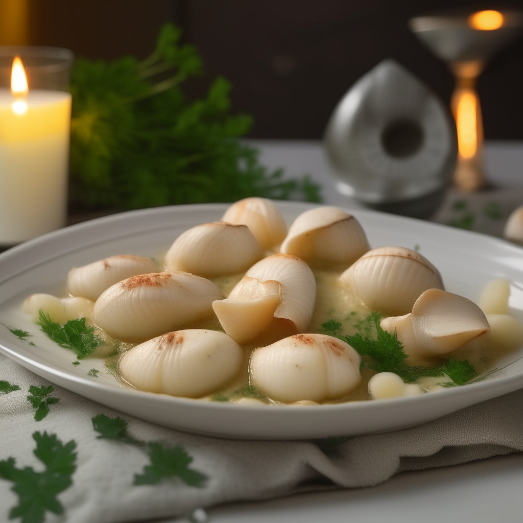 Crockpot scallops in garlic butter sauce on a white porcelain plate garnished with parsley, on a table with coastal symbols like miniature sailboats and seashells, soft candlelight