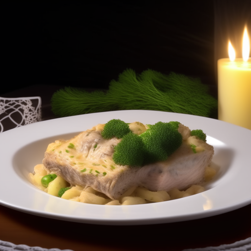 Crockpot tuna and broccoli bake casserole on a white plate, with fishing net and seashell decorations, candlelight