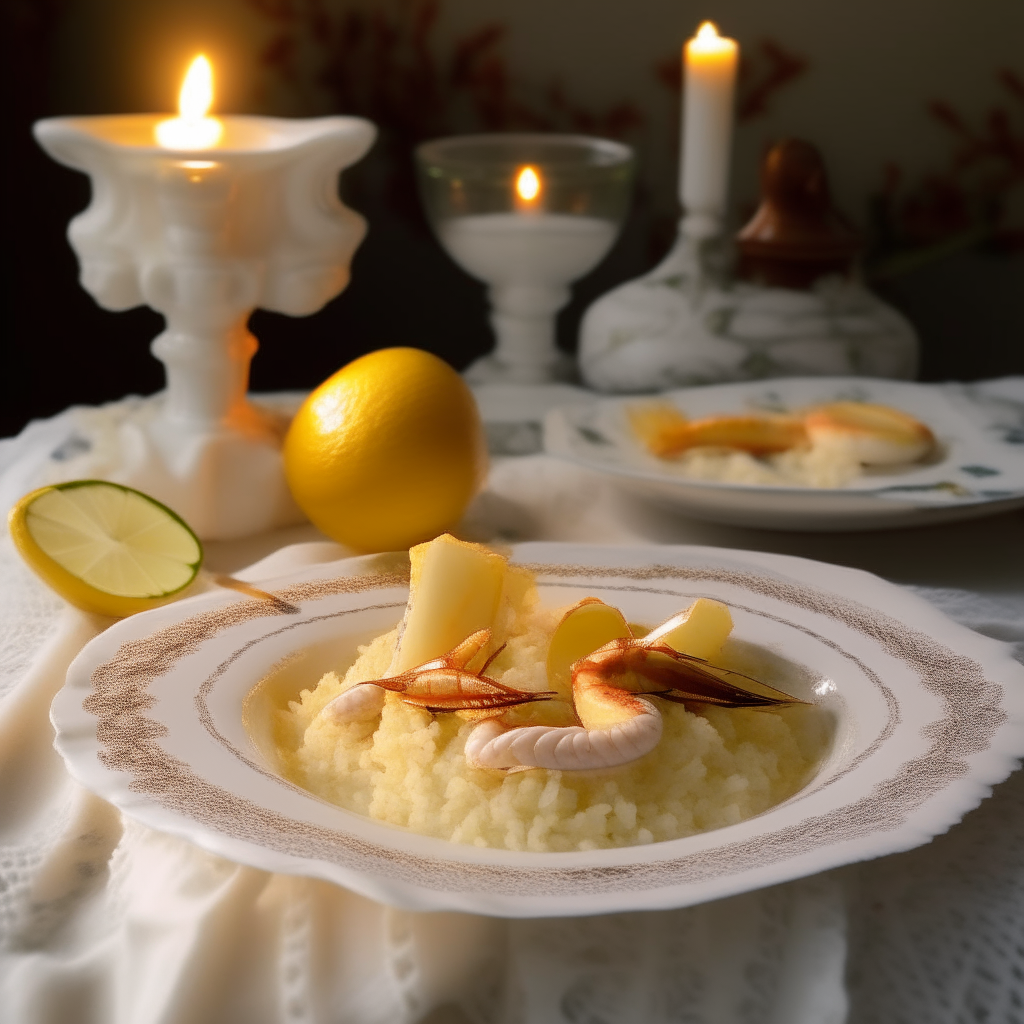 Crockpot shrimp and saffron rice on a white porcelain plate, with miniature lighthouses and seashell decorations on a tablecloth, soft candlelight