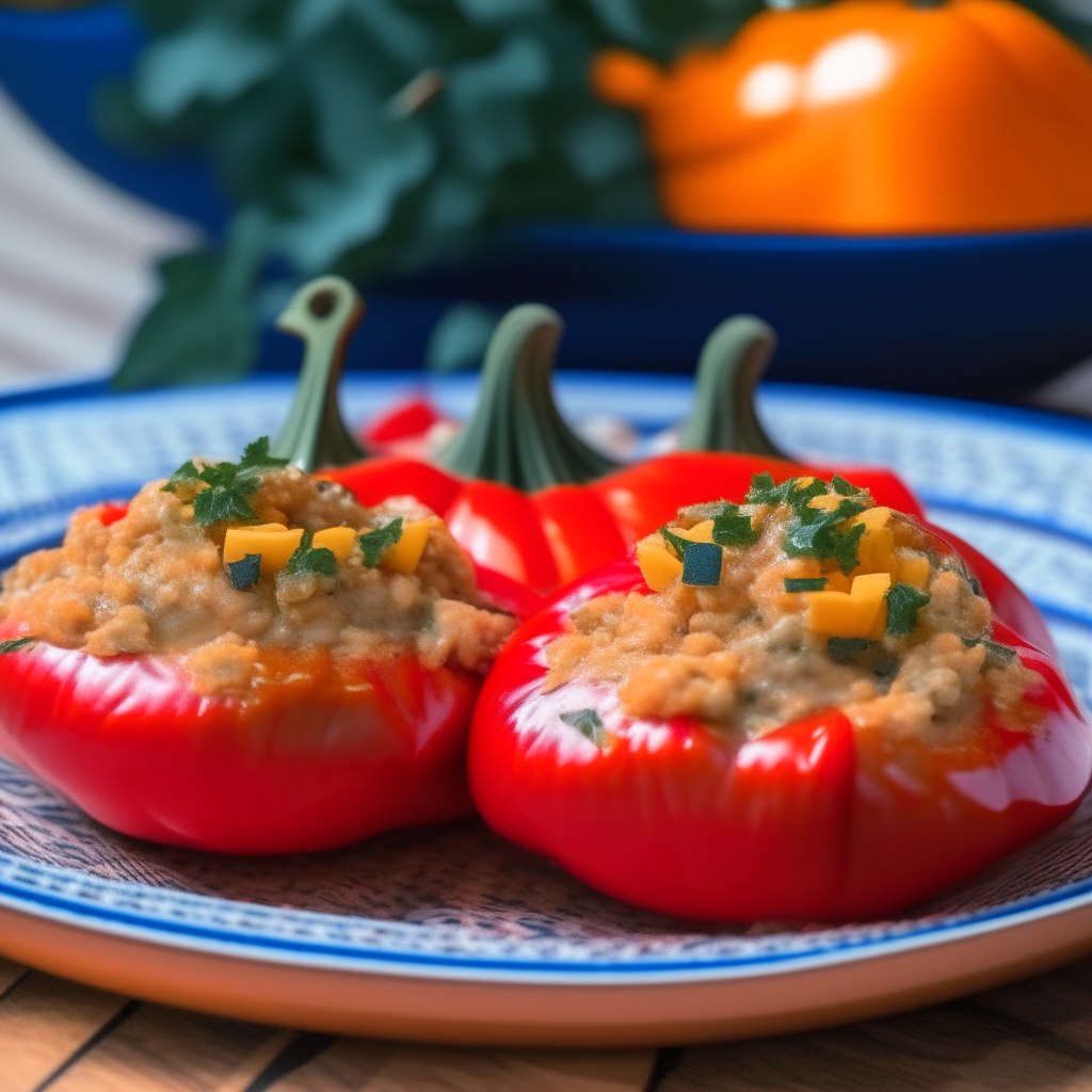 Crockpot seafood stuffed red bell peppers on a porcelain plate with an American flag, autumn leaves background, warm lighting