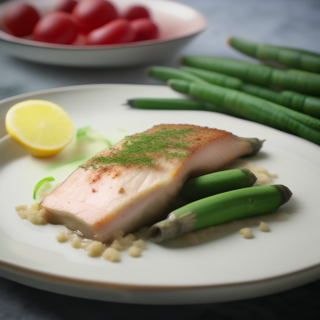 Crockpot white fish with asparagus on a plate, American flag waving in the background, soft lighting