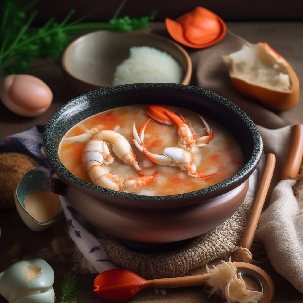 Crockpot shrimp and crab soup in a bowl, with seashells, a nautical napkin, and a wooden ladle, photorealistic