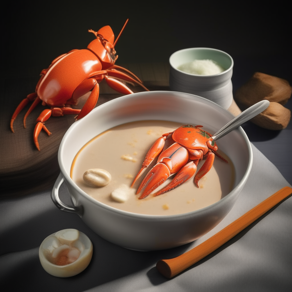 Crockpot lobster bisque in a bowl with a lobster claw, seashells, linen napkin, and a silver lobster ladle, photorealistic