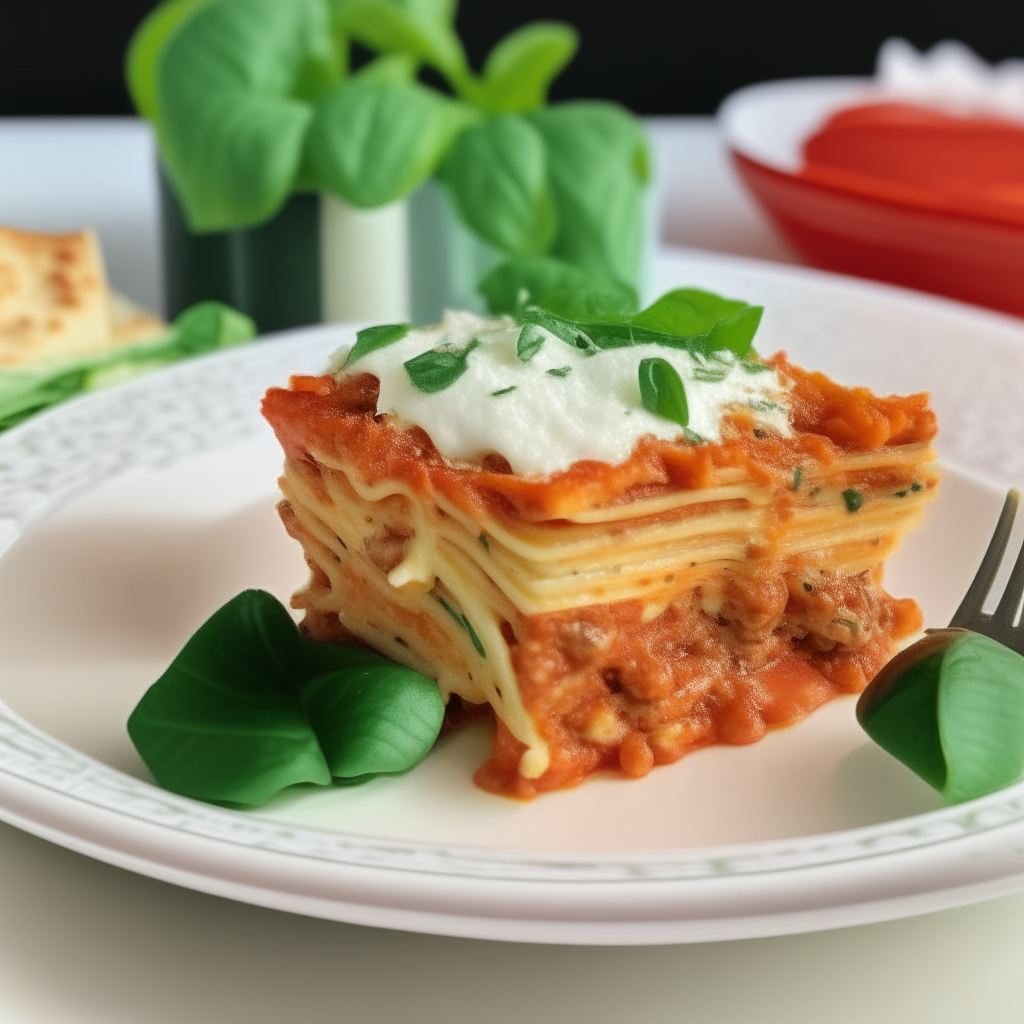 Slice of crockpot vegetarian lasagna on a white plate, with spinach, red peppers, ricotta, pasta layers, Parmesan, basil garnish, on table with checkered tablecloth and fork